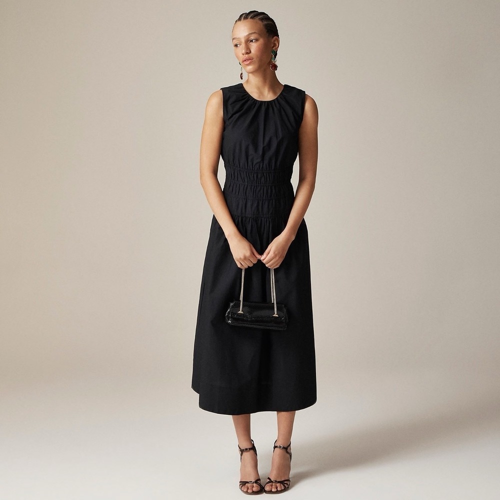 NWT!! J. CREW Hyacinth Dress Smocked Cotton Poplin Black Midi Pockets Poplin XSP